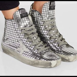 Fabulous metallic checkered high tops with laces. Excellent condition.